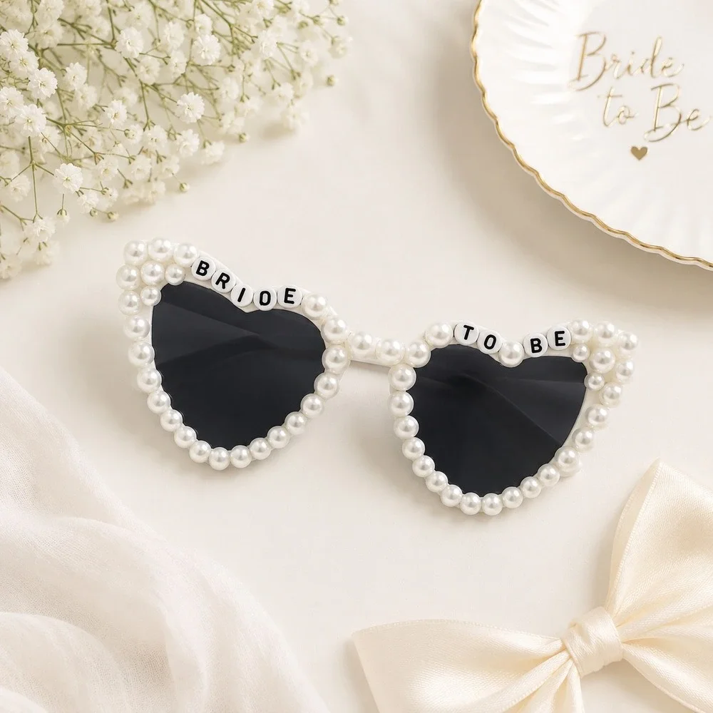 NPW Bachelorette Social Club Bride to Be Pearl Heart Sunglasses White